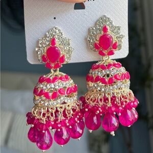 Vibrant Pink and Gold Drop Earrings